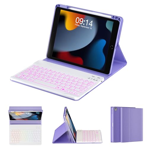 OYEEICE Keyboard Case for iPad 9th Generation - 7 Color Backlit Wireless Detachable Folio Cover with Pencil Holder for iPad 9th/8th/7th Gen 10.2 inch, iPad Pro 10.5" & iPad Air 3rd Gen - Purple