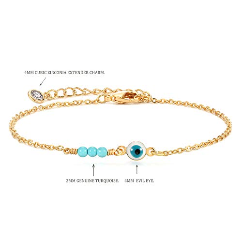 MEVECCO Bracelet for Women Gold Evil Eye Ball Turquoise Trio Bead Wire Wrapped 14K Gold Plated Dainty Chain Handmade Simple Protection Jewelry