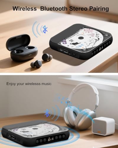 Image of ENVYCLOUD CD Player Portable with Dual Stereo Speakers, Rechargeable Portable CD Player with Bluetooth for Home with Headphones,Black