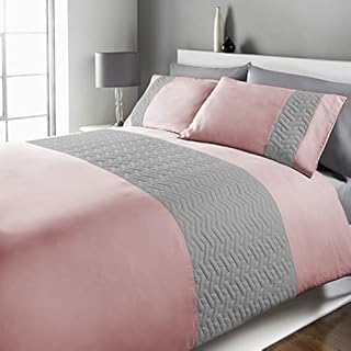 Brentfords Pinsonic Duvet Cover with Pillow Case Embossed Embroidered Geometric Panel Bedding Set, Blush Grey - Single