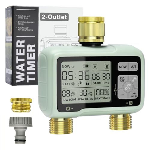 Johgee Centralina di irrigazione a 2 uscite, con ingresso e uscita in ottone, orologio digitale per irrigazione con display LCD, controllo automatico/manuale, timer, per giardino