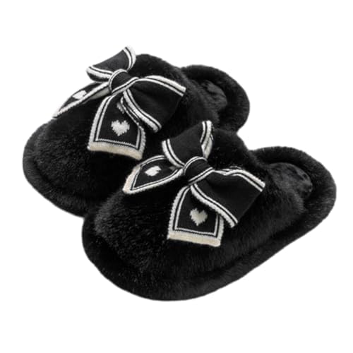 Black Bow Slippers for Women Fuzzy Cute Fluffy Puffy Bedroom Shoes Soft Warm Indoor Outdoor Non-slip