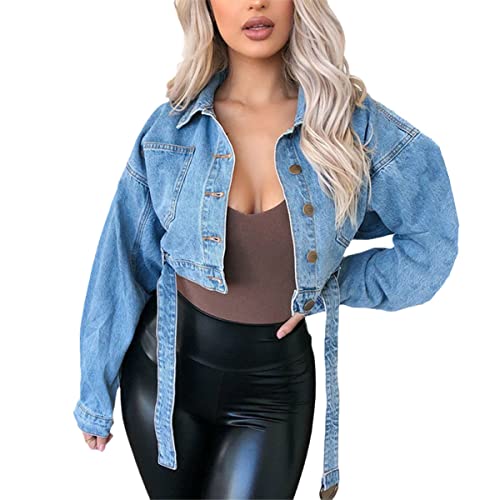 Veste courte en jean pour femme HFG4194 Bleu en taille S avec poches