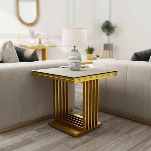 AUZ Gold End Table, 24 inch Art Glass Side Table with Brushed Gold Metal Base, Luxury Square Accent Table for Living Room, Bedroom, Office