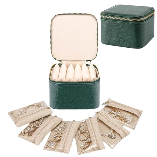 Aucuu Organizador de Joyas Pequeña, Almacenamiento de Joyas de Viaje, Jewelry Organizer para Mujer con 6 Bolsa de Joyería de Viaje para Joyero para Anillos, Tachuelas, Collares, Verde