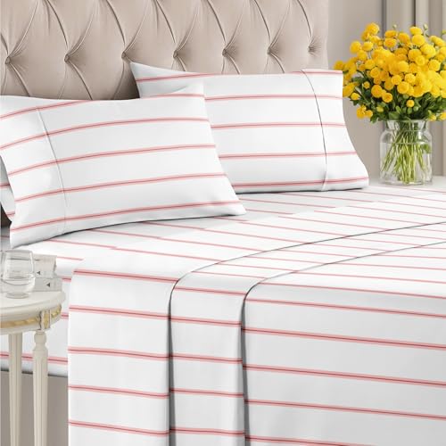 Image of Full 4 Piece Striped Sheet Set - Soft, Breathable & Cooling - Red Stripe | 1 Flat, 1 Fitted & 2 Pillowcases w / Deep Pockets, Luxury Striped Bedding, Soft, Breathable & Cooling, Wrinkle & Fade Free