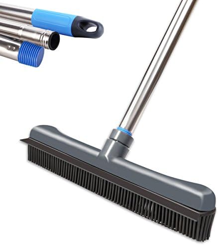 MEIBEI Push Broom Long Handle Rubber Bristles Sweeper Squeegee Edge - 49 inches, Non Scratch Bristle Broom for Pet Cat Dog Hair Carpet Hardwood Tile Windows Cleaning