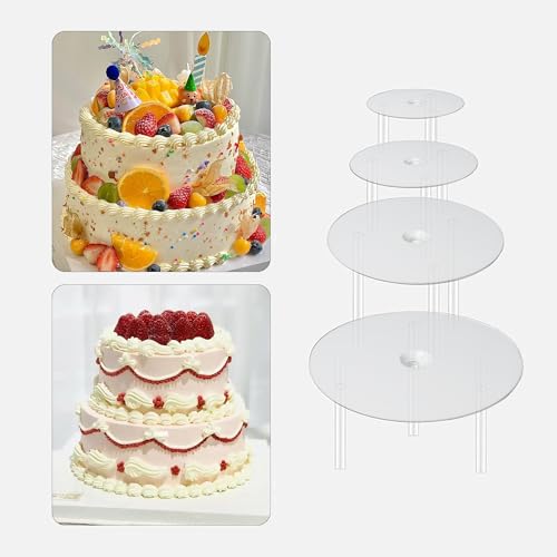 Tortenständer Tortenstützen 4 Etagen: 4 Tortenplatte(9/12/16/20cm) & 12 Tortendübel(23cm), Kunststoff Kuchenstützen Kuchenbasis Wiederverwendbar Tortenstützen für Mehrstöckige Torten Hochzeit