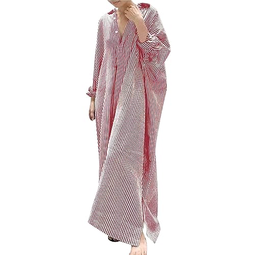 Maxikleider Damen Langarm Festlich - Lässig Tunika Kleid Große Größen Baumwolle Leinen Cover Up Knopf Umlegekragen Shirtkleider Elegant Loose...