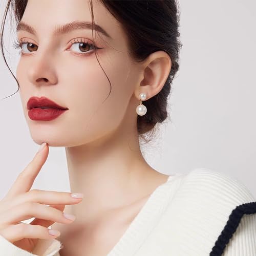 Double Bead Pearl Earrings for Women 925 Sterling Silver Gold Big Pearl Lightweight Ball Stud Earrings Trendy Dangle Drop Earring Bridal Wedding Jewelry Birthday Christmas Gift for Her2