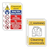 Confezione da 4 etichette e cartelli di sicurezza per negozio chimico (148 x 210 mm, formato A5) - 2 adesivi di avvertimento per prodotti chimici e 2 prodotti chimici per la pulizia - Mantieni la