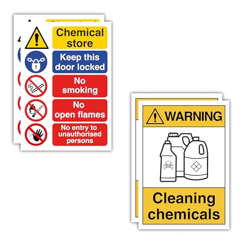 4 Pack Chemical Store Safety Labels & Signs (148x210mm, A5 Size) – 2 Chemical Store & 2 Cleaning Chemicals Warning Stickers – Keep Door Locked, No Smoking, For Workplace & Storage Areas