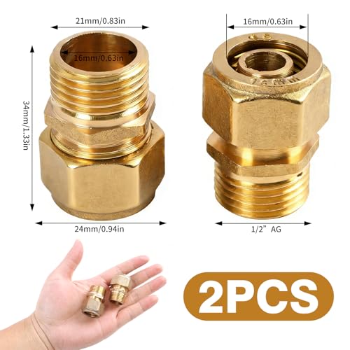 2 Stück Schraubfitting Übergang, 16 mm x 1/2\ AG Außengewinde, Klemmringverschraubung für Aluverbundrohr, Messing Adapterrohr für Rohrverbindungen und Installationen