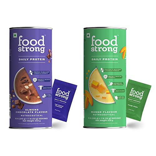 Image of foodstrong Whey Protein Powder,Grass-Fed,100% Whey,Daily Protein Almond Chocolate&Mango Flavour,25G Protein,With Turmeric,Green Tea,Ashwagandha&Digestive Enzymes,32 Sachets,1 Kg,(Pack Of 2)