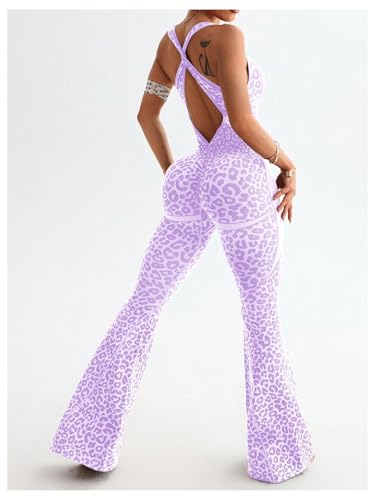 Image of Verdusa Women's Cheetah Print Workout Sets Yoga Jumpsuit Criss Cross Sleeveless Work Out Clothes Flared Pants Jumpsuits