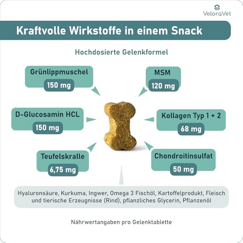 VeloraVet Grünlippmuschel Gelenktabletten Hund – HOCHDOSIERT mit Grünlippmuschelpulver, MSM, Teufelskralle, Glucosamin & Kollagen – Keine Kapseln, hohe Akzeptanz – Gelenk- & Knochenschutz – 60 Stück
