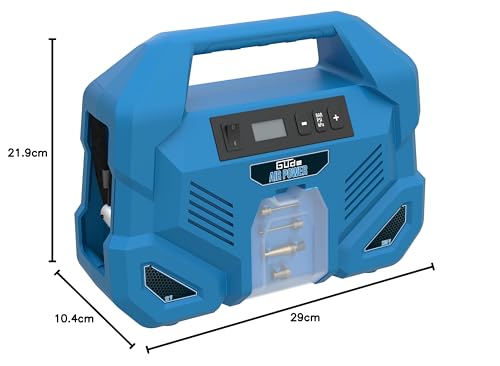 Güde Kompressor Airpower Dual Drive 12/230V/5-tlg. (150 W, max. 8 bar, 20 l/min eff. Liefermenge, öl- und wartungsfrei, 12 Volt & 230 Volt Anschluss, LCD-Display, 0,6 m Druckluftschlauch & Zubehör)