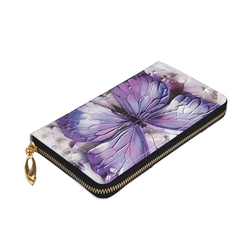 Leather Women Wallets, Long Credit Card Holder, Purple Oil Painting Butterfly Print Billfold Clutch & Travel Purse Large Capacity3