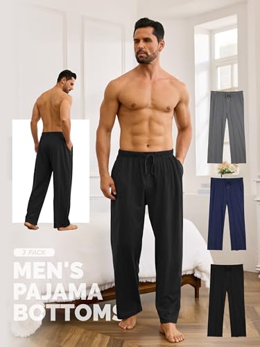3 Pack Mens Cotton Pajama Pants, Lightweight Lounge Pj Bottoms for Men Soft Sleep Pants with Pockets & Drawstring4