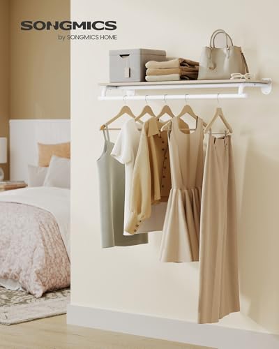 SONGMICS Clothes Rack with Top Shelf, Wall Mounted Clothing Rack, with Hanging Rod, Loads up to 77 lb, 11 x 42.9 x 5.2 Inches, Entryway, Bedroom, Closet, Natural Beige and Cloud White UHSR135W01