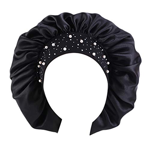 A FEI Women Silky Satin Extra Large Bonnet Sleep Cap Shiny Drill Rhinestone Beading Hair Protection Turban Night Hat Elastic Wide Band Hijab Head Cover - Skin Care, Hair Beauty, Makeup