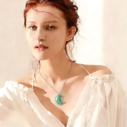 Image of XIANNVXI Tree of Life Wire Wrapped Crescent Moon Pendant Necklace Reiki Healing Crystal Stone Necklaces Natural Gemstone Quartz Jewelry for Women