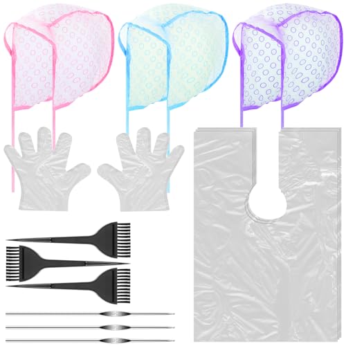 Abeillo 3 Sets Hair Coloring Kit Hair Coloring Tools Hair Highlighting Kit Includes PVC Hair Highlighting Caps, Disposable Hair Dye Shawl, Gloves, Dye Brushes for Home, Salon, Dyeing Hair Use