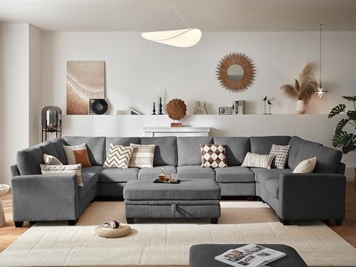 Image of CHIC HOUSE Modular Sectional Couch| Corduroy L Shaped Sleeper Sofa, U-Shape Sofa Bed Convertible Chaise with Storage Ottoman for Living Room Modern Furniture (Dark Grey, 12 Seater U-Shaped)