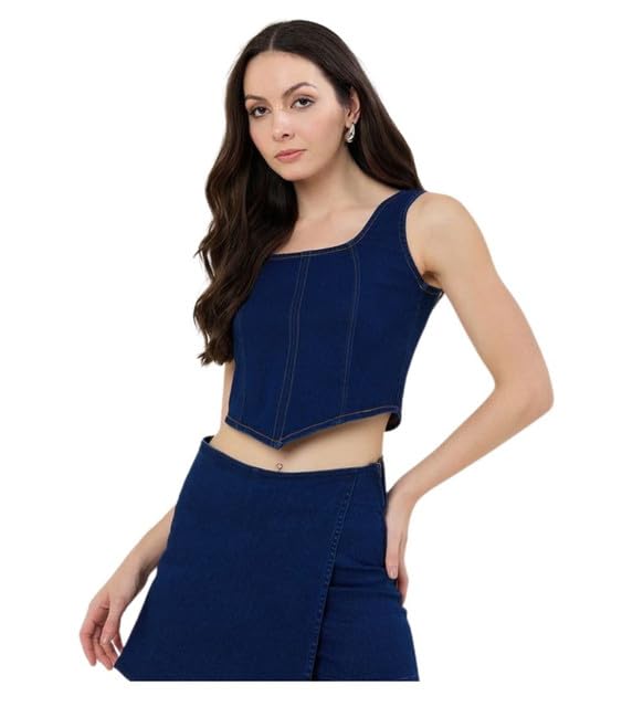 Cyzara Women's Denim Solid Sleeveless Top (Blue, M)-PID65496