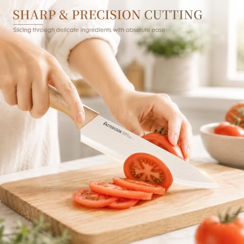 Image of Astercook Knife Set, 13 Pieces Kitchen Knives Set with Ceramic Coating, Stainless Steel Chef Knife Sets with 6 Blade Guards, Dishwasher Safe Knives with Wood Grain Handle, Elegant White