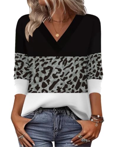 Image of Zeagoo Women's Long Sleeve Tops Ladies V Neck Blouses Casual Leopard Top