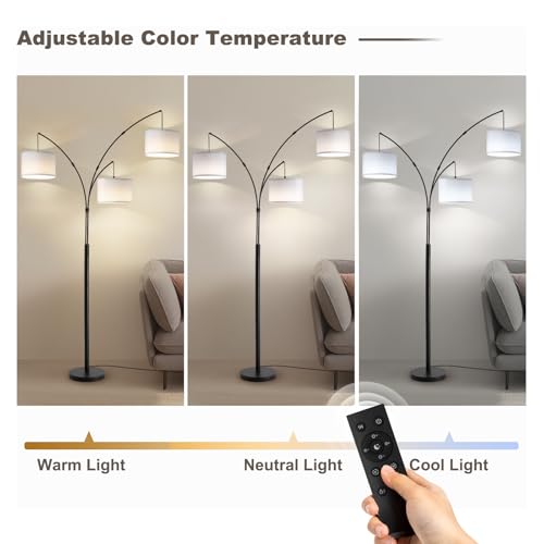 Image of Floor lamp with Remote, 3 Light Arc Floor Lamps for Living Room, 2400LM Tall Standing Floor Lamps with White Shades, 80 inch Large Floor Lamp for Bedroom, Office