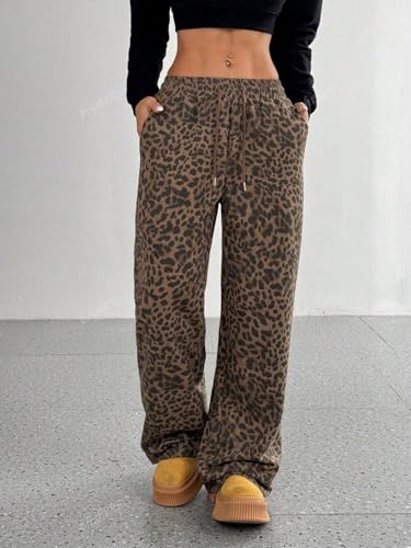 Womens Leopard Baggy Wide Leg Sweatpants Drawstring Elastic High Waisted Cheetah Print Lounge Barrel Trousers Pockets3