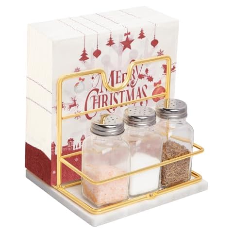 Napkin Holder, Napkin Holder for Table, Marble Napkin Holders for Kitchen with Salt and Pepper Shakers Caddy, Modern Napkin Dispenser Holders for Paper Napkins (Marble Base,Gold Napkin Holder) Cover