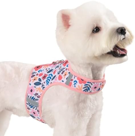 Dog Harness for Small Sized Dog,Hook-and-Loop Easy On/Off, Reflective Adjustable Soft Mesh Vest for Puppy (Pink Floral Print,L)