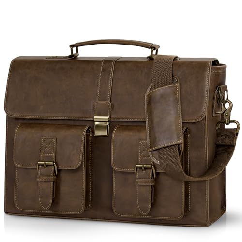 Image of RAINSMORE Mens Messenger Bag 15.6 Inch Leather Vintage Laptop Briefcase Waterproof Computer Laptop Bag Leather Satchel Bag Large Shoulder Bag for Office Work Travel College, DarkBrown