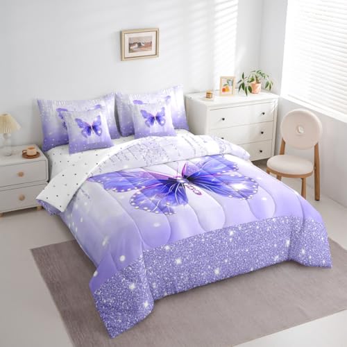 Image of Feelyou Butterfly Comforter Set with Sheets 7 Piece Twin Size Dreamy Princess Bedding Set for Kids Boys Girls Glitter Bed in a Bag Watercolor Butterflies Room Decor Soft Lightweight Microfiber