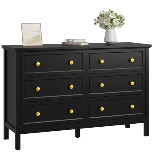 Image of CARPETNAL Black Dresser for Bedroom, 6 Drawer Dresser with Wide Drawer and Metal Handles, Wood Dressers & Chests of Drawers for Hallway, Entryway.