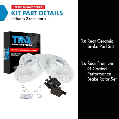 Image of TRQ Performance Rear Brake Pad and Rotor Set Ceramic Coated Drilled Slotted Rotors Compatible with 2015-2020 Audi A3 2015-2018 A3 Quattro 2016-2018 Sportback e-tron 2015-2019 Volkswagen e-Golf