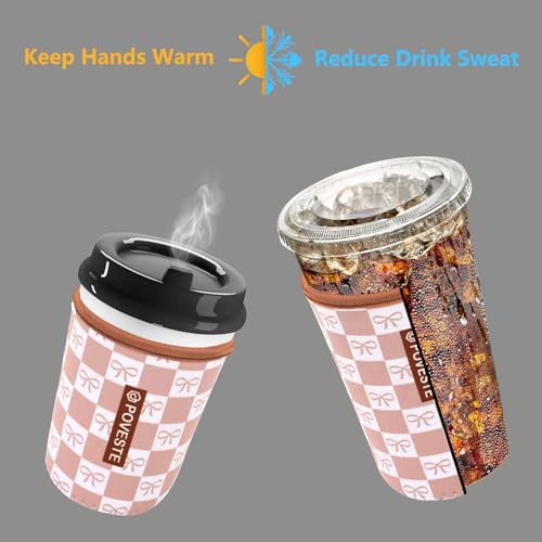 Image of Reusable Neoprene Insulator Sleeve for Iced Coffee & Cold Soda, Coffee Sleeves for Iced & Hot Drinks, Cold Beverage Cooler Compatible with Starbucks, Dunkin (MochCheckerboad&Bow, Medium: 22-24oz)