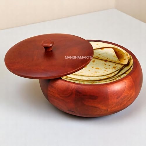 Image of Wood Chapati Box Casserole wooden hotpot roti box chapati holder Wooden Chapati Box for Kitchen Roti Server Tableware- 1500ml, Color- Mahogany