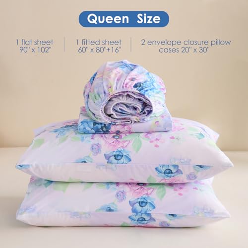 Image of JSD Purple Hydrangea Floral Printed Sheet Set Queen Size | 4 Piece Soft Botanical Microfiber Sheets, 16 inch Extra Deep Pocket, OEKO-TEX Certified, Easy Care