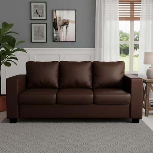 Image of FURNY Harloy 3 Seater Leatherette Sofa Set (Brown) in Premium Finish | Durable Comfort | Ideal for Living Room