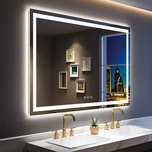 Image of 60x40 Inch LED Bathroom Mirror with Lights Front and Backlit Lighted Vanity Mirror for Bathroom Wall with 3 Colors Dimmable Anti-Fog Memory Shatter-Proof IP54 Waterproof Horizontal /Vertical