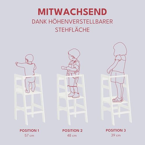 Foto von Bellabino Milo Lernturm für Kinder Weiß, 3-Fach höhenverstellbar, Montessori Lernturm ab 1 Jahr aus Kiefer Massivholz, Küchenhelfer für Kinder Trittschemel