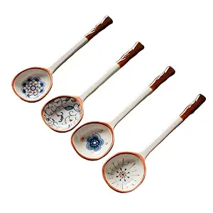 Chinese Ceramic Large Spoon, Handmade Long Handle Asian Spoons, Retro Porcelain Spoons, Ramen Spoons, Pho Spoons, Large Soup Spoons with Cute Hand-Painted Pattern
