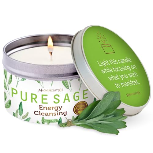 Magnificent 101 Long Lasting Pure White Sage Candle – 6 Oz – 35 Hour Burn Time – Organic, All Natural, Soy Candle to Cleanse Your Home & Calm, Soothe, Use with Sage Smudge Kit – Spiritual