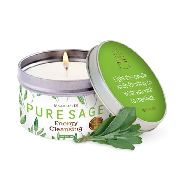 Magnificent 101 Long Lasting Pure White Sage Candle – 6 Oz – 35 Hour Burn Time – Organic, All Natural, Soy Candle to Cleanse Your Home & Calm, Soothe, Use with Sage Smudge Kit – Spiritual