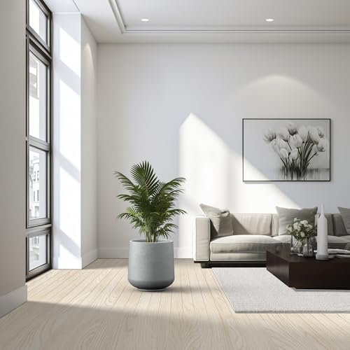Image of Kante Large Round Curved Pale Gray Concrete Planter 16.5 inch Dia, Outdoor | Rubber Plug for Indoor, Drainage for Garden, All-Weather Cement Tree Pot, Handcrafted, Anti-Frost & UV, Modern Home Decor