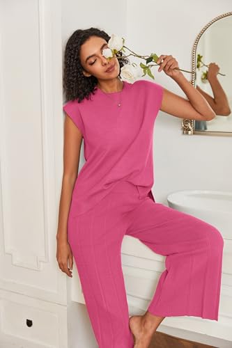 Image of Ekouaer Lounge Sets for Women Two Piece Outfits Knit Cap Sleeve Tops Wide Leg Pleated Pants Casual Dressy Sweater Sets